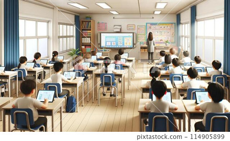 A classroom scene where elementary school students take lessons using tablets 114905899