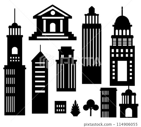 Building vector set illustrations of a black silhouette of city structures 114906055