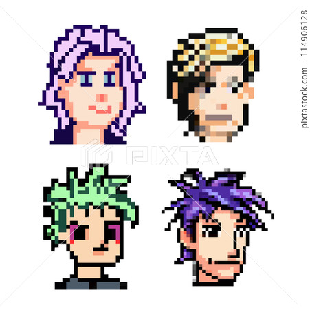 Vector set pixel punk heads of people with different colored hair Vector set pixel punk heads of people with different colored hair 114906128