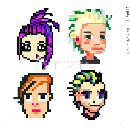 Vector set pixel punk heads of people with different colored hair 114906134