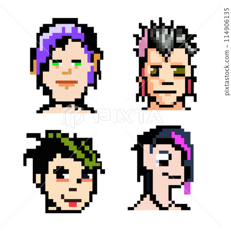 Vector set pixel punk heads of people with different colored hair 114906135