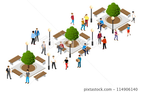 Scene set of city life. People walking and resting in the park 114906140