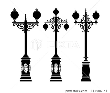 Set silhouette of vintage decorative retro street lamp 114906141