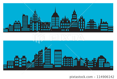 Landscape set of buildings silhouetted on blue background. 114906142