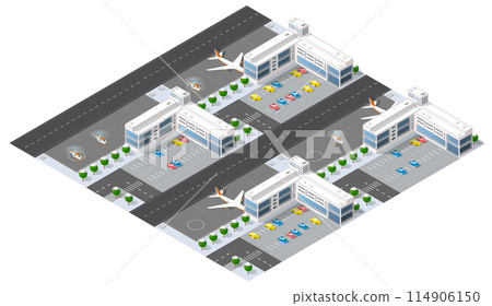 Isometric map of the city's airport, the trees and the flight of construction 114906150