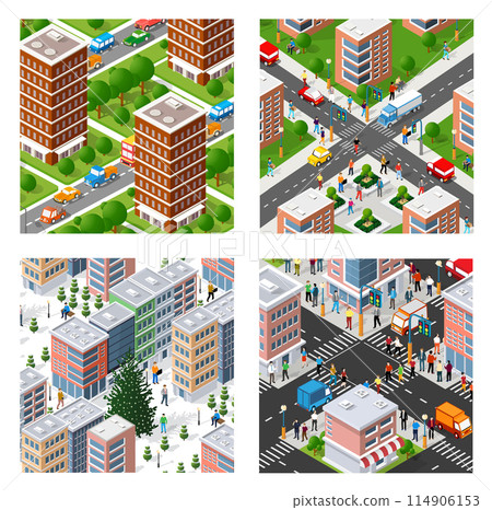 Isometric set of blocks module of areas of the city construction and designing 114906153