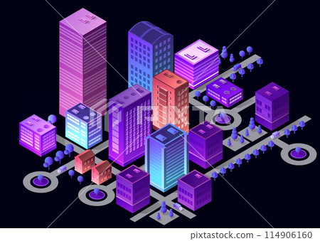 Isometric city of violet colors 3d building modern town street Isometric city of violet colors 3d building modern town street 114906160