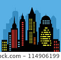 Landscape set of buildings silhouetted on blue background. A black outline 114906199