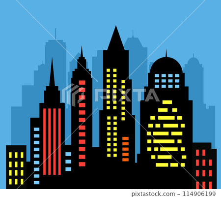 Landscape set of buildings silhouetted on blue background. A black outline 114906199