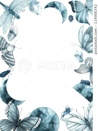 Frame on the theme of butterflies and insects painted in watercolor on a white background. The color scheme is monochrome in a shade of indigo. Ideal for printing on greeting cards and various decor. 114906342