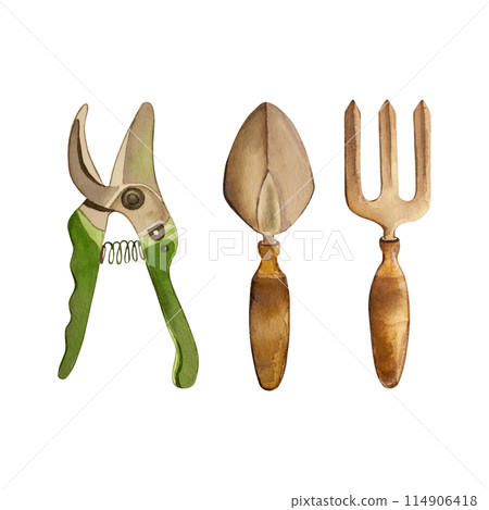 A shovel, a rake, a pruner, illustrations on the theme of gardening and agriculture, made in watercolor on a white background. They are ideal for decorating garden accessories and a country house. 114906418