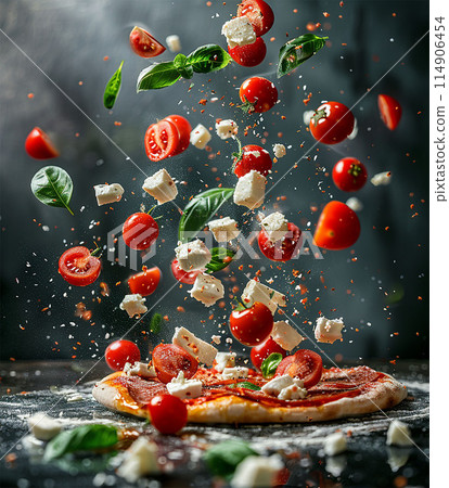Pizza Margherita with basil tomato and mozzarella levitating 114906454