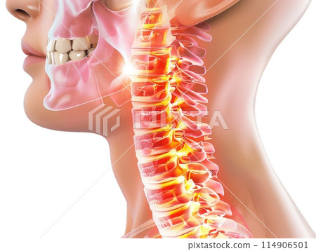 Digital composite of Highlighted spine of man with neck pain 114906501
