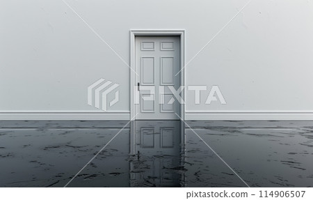 Monochrome photo of a door with water, wood, asphalt, and parallel lines 114906507