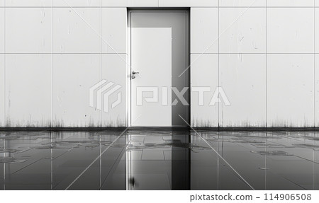Monochrome photo of a door with water, wood, asphalt, and parallel lines 114906508