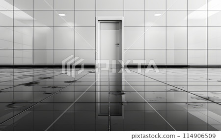 Monochrome photo of a door with water, wood, asphalt, and parallel lines 114906509