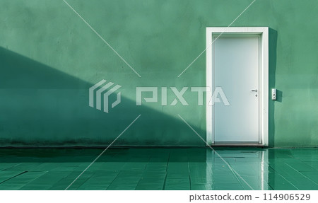 The room is bare, painted green with a white door The room is bare, painted green with a white door 114906529