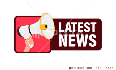 Latest news. Hand hold megaphone speaker for announce. Attention please. Shouting people, advertisement speech symbol 114906537