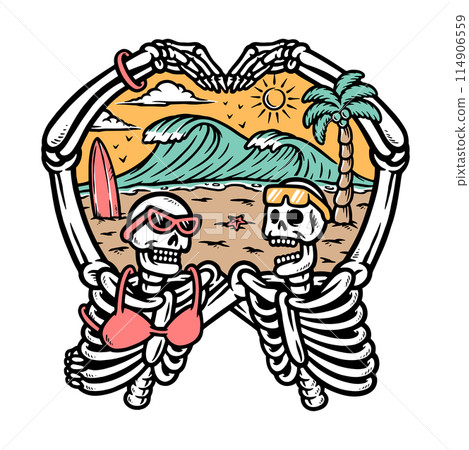 couple of skulls love the beach illustration 114906559