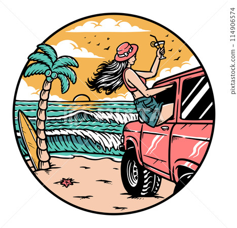 Woman on the beach with a car 114906574