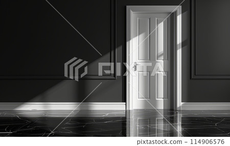 White door against black wall in sleek, modern room design 114906576