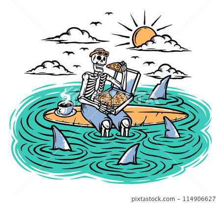 Skull eating pizza on surfboard illustration Skull eating pizza on surfboard illustration 114906627