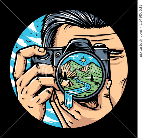 Man photographer with camera taking photo of mountains Man photographer with camera taking photo of mountains 114906633