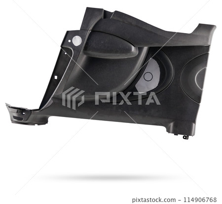 Sheathing of a car body part - trunk made of gray fabric on a white isolated background in a photo studio for replacement or sale in a workshop. Sheathing of a car body part - trunk made of gray fabric on a white isolated background in a photo studio for replacement or sale in a workshop. 114906768