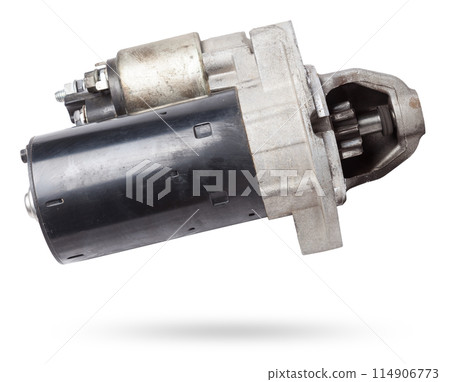 Starter of an internal combustion engine New Spare part for car on a white background. Spare parts catalog. Starter of an internal combustion engine New Spare part for car on a white background. Spare parts catalog. 114906773