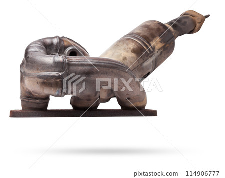 Automotive catalyst removed from a vehicle for repair with a ceramic coating inside as part of an exhaust system to remove harmful emissions in a car repair shop 114906777