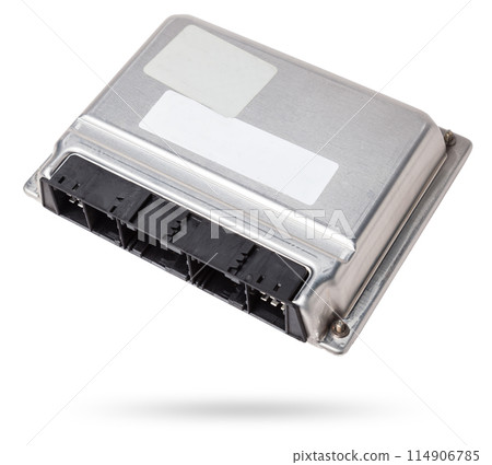 car engine control unit with metal elements on a white isolated background is the connecting center of various subsystems, units and assemblies. Monitoring the state of the moment. Spare part 114906785
