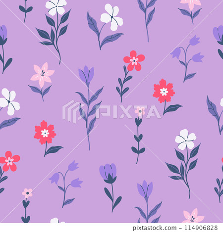 Seamless pattern with meadow flowers on a lilac background. Vector graphics. 114906828