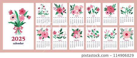 Floral calendar 2025. Set of month page templates decorated with beautiful flowers on a white background. Vector graphics. Floral calendar 2025. Set of month page templates decorated with beautiful flowers on a white background. Vector graphics. 114906829