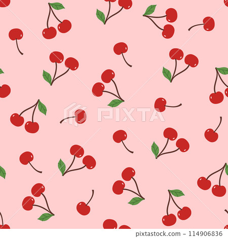 Simple seamless pattern with cherries on a pink background. Vector graphics. Simple seamless pattern with cherries on a pink background. Vector graphics. 114906836