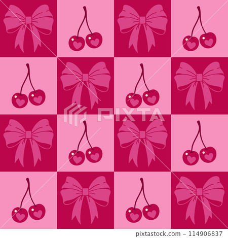 Seamless checkered pink pattern with cherries and bows. Vector graphics. Seamless checkered pink pattern with cherries and bows. Vector graphics. 114906837