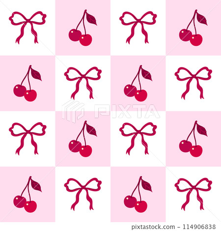 Seamless checkered pattern with cherries and bows. Vector graphics. Seamless checkered pattern with cherries and bows. Vector graphics. 114906838