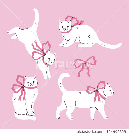 Set of cute white cats with pink bows. Vector graphics. Set of cute white cats with pink bows. Vector graphics. 114906839