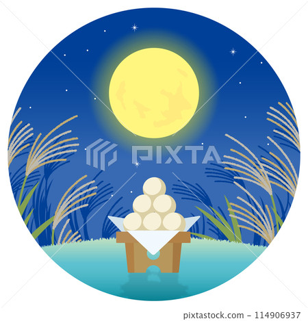 Moon viewing: Full moon, rice dumplings and a field of silver grass at night (circle cut) 114906937