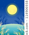 Moon viewing: Full moon and silver grass field at night (vertical) 114906938