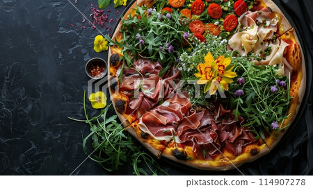 Stunning gourmet pizza with arugula, prosciutto, and edible flowers. 114907278