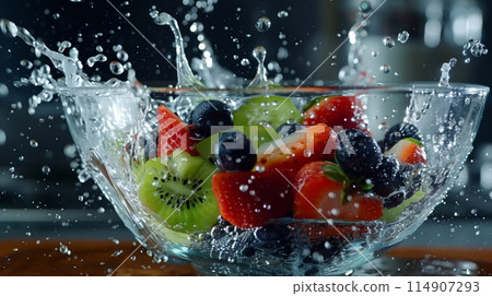 "Strawberries, blueberries, and kiwi splash into water, captured in a dynamic freeze-frame." 114907293