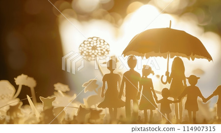 "Paper cutout family under umbrella depicts life insurance's shield." 114907315