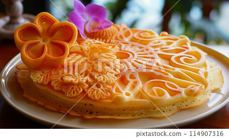 Pancake Art transforms batter into designs like animals, making decorative pancakes. 114907316