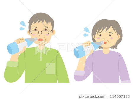 Set of illustrations of elderly men and women hydrating 114907333