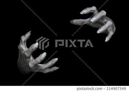 Creepy male hands of vampire or monster with sharp nails, isolated on black. Demons fingers grabbing something, low key, selected focus. Creepy male hands of vampire or monster with sharp nails, isolated on black. Demons fingers grabbing something, low key, selected focus. 114907349