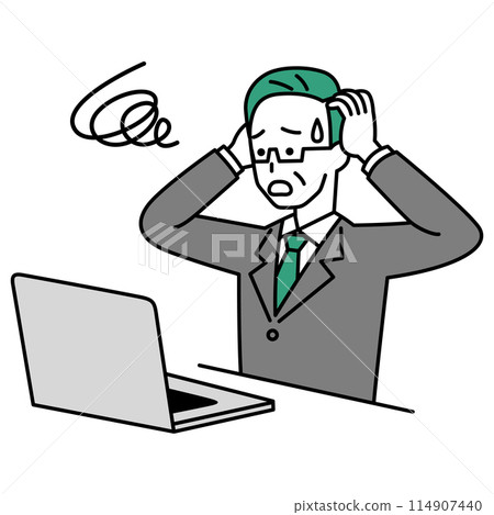 A middle-aged man in a suit working on a laptop computer panicking 114907440