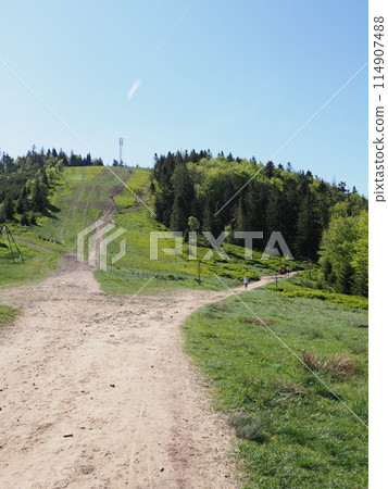 Shelter near Klimczok mount in Silesian Beskids near European Bielsko-Biala city in Poland - vertical Shelter near Klimczok mount in Silesian Beskids near European Bielsko-Biala city in Poland - vertical 114907488