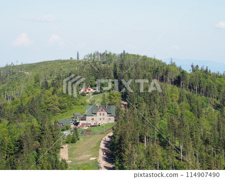 Mountain shelter from Klimczok mount in Silesian Beskids near European Bielsko-Biala city in Poland Mountain shelter from Klimczok mount in Silesian Beskids near European Bielsko-Biala city in Poland 114907490