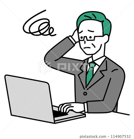 A man in a suit working on a laptop looking confused A man in a suit working on a laptop looking confused 114907532