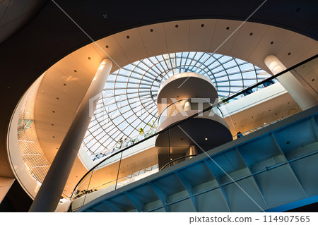 Interior of modern furturistic structure of Perlan museum observation deck and glass dome building 114907565